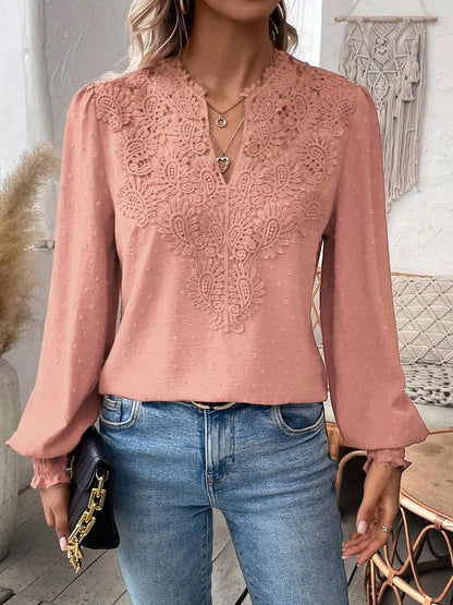 Balloon Sleeves Long Sleeves Embroidered Hollow Solid Color V-Neck Blouses&Shirts Tops