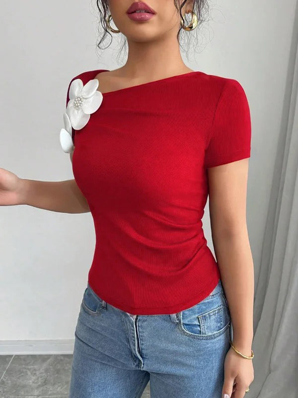 Short Sleeves Skinny Pleated Solid Color Three-Dimensional Flower Asymmetric Collar T-Shirts Tops
