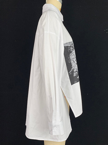 A-Line High-Low Buttoned Pockets Printed Split-Side Stand Collar Blouses&Shirts Tops