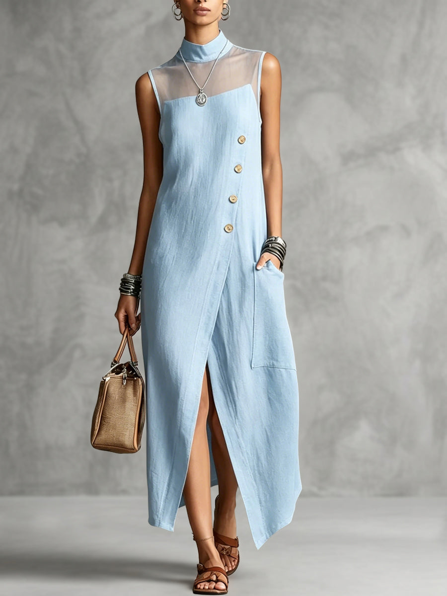 A-Line Sleeveless Asymmetric Buttoned Pockets See-Through Solid Color Mock Neck Maxi Dresses