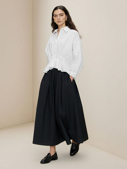 Elasticated Waist Irregularity Buttoned Pleated Ruffled Solid Color Lapel Blouses&Shirts Tops