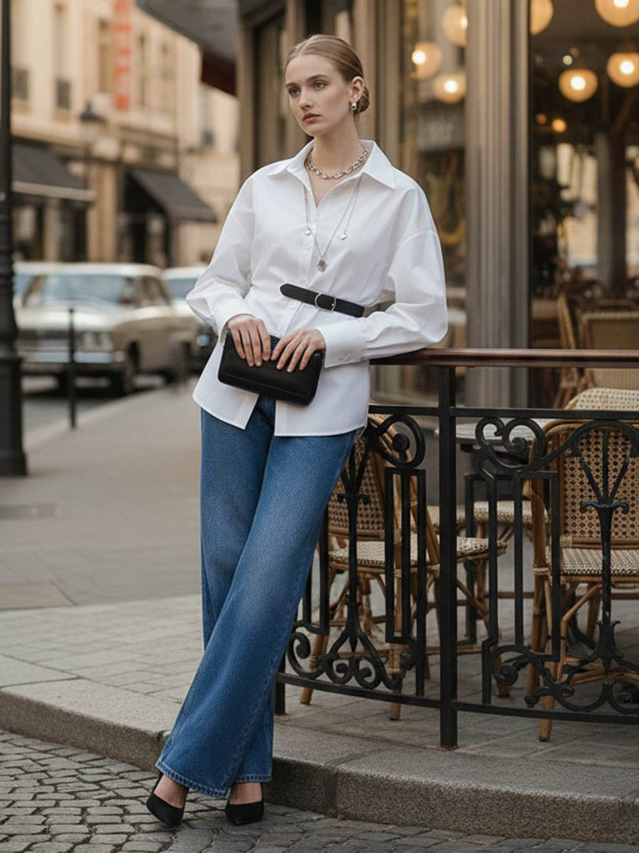 Long Sleeves Loose Belted Buttoned Contrast Color Split-Joint Lapel Blouses&Shirts Tops