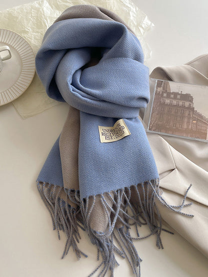 Keep Warm Tasseled Shawl&Scarf BLUE GRAY One_size
