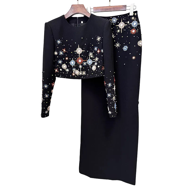 JELLIE Crystals Applique Long Sleeve Maxi Skirt Set