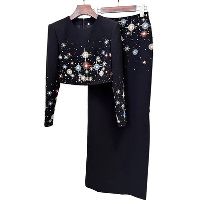 JELLIE Crystals Applique Long Sleeve Maxi Skirt Set