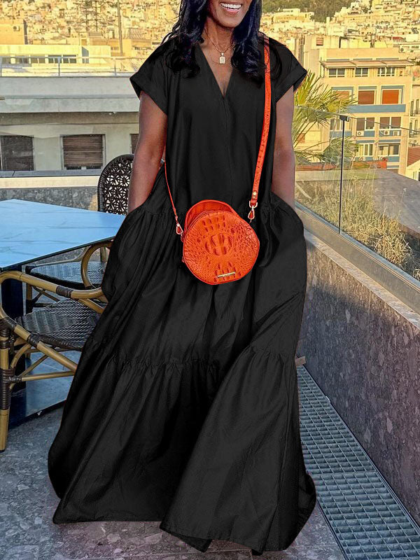 Robe longue ample à manches courtes et poches plissées, couleur unie, col en V fendu 