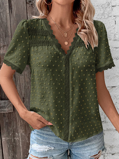 Loose Short Sleeves Jacquard Solid Color Split-Joint Textured V-Neck T-Shirts Tops