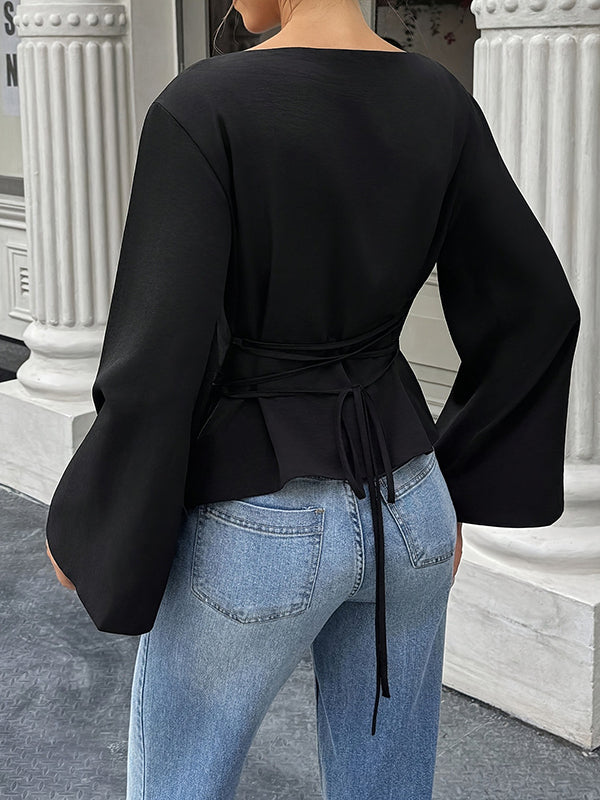 Elasticated Waist Flared Sleeves Solid Color Split-Joint Tied Waist Round-Neck T-Shirts Tops