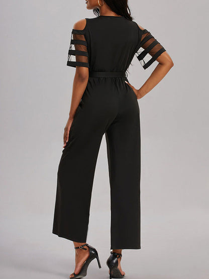 High Waisted Loose Hollow Mesh Solid Color Tied Waist V-Neck Jumpsuits