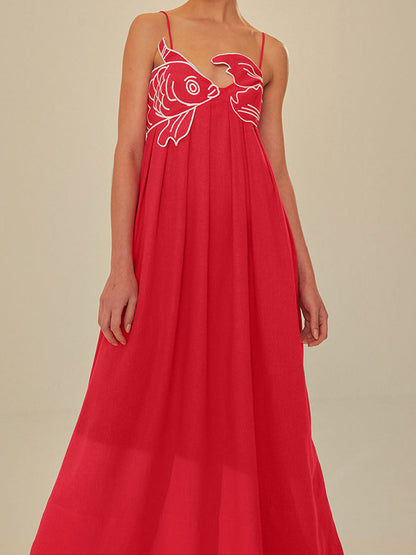 Marisol | Women's Embroidered Spaghetti Strap Maxi Shift Dress