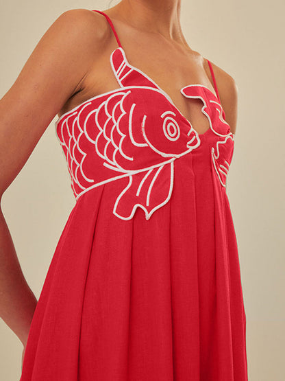 Marisol | Women's Embroidered Spaghetti Strap Maxi Shift Dress