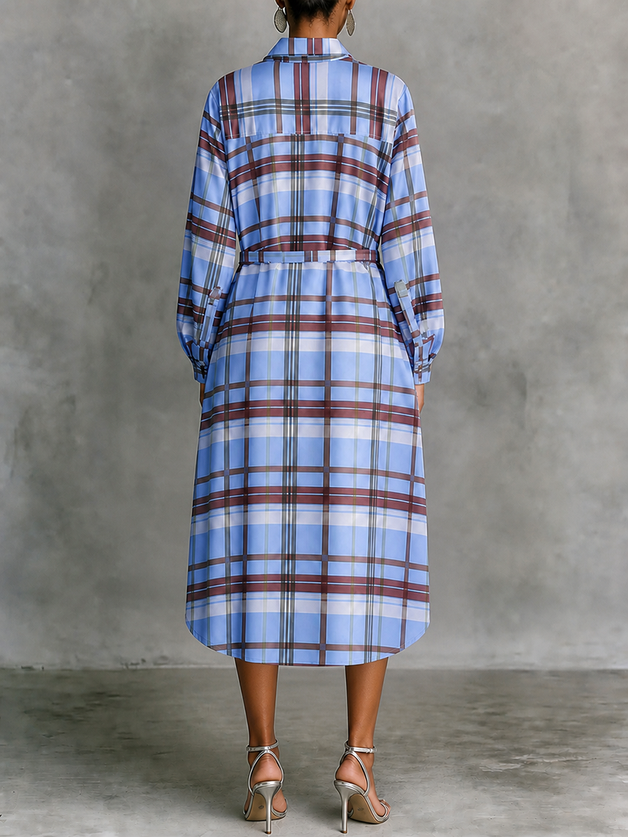 Tied Plaid Contrast Color Buttoned Loose Long Sleeves Lapel Midi Dresses