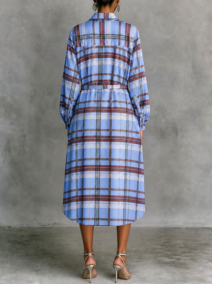 Tied Plaid Contrast Color Buttoned Loose Long Sleeves Lapel Midi Dresses