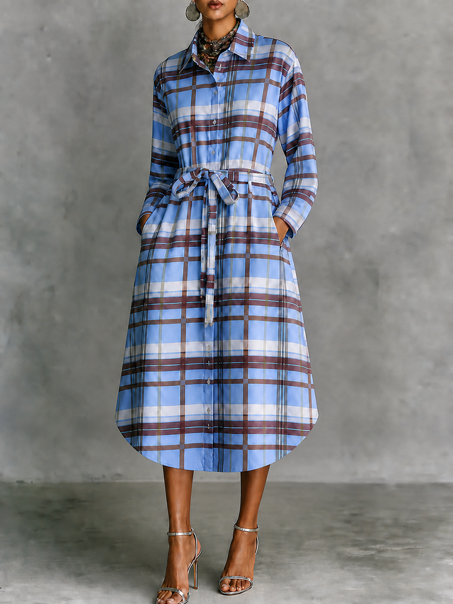 Tied Plaid Contrast Color Buttoned Loose Long Sleeves Lapel Midi Dresses