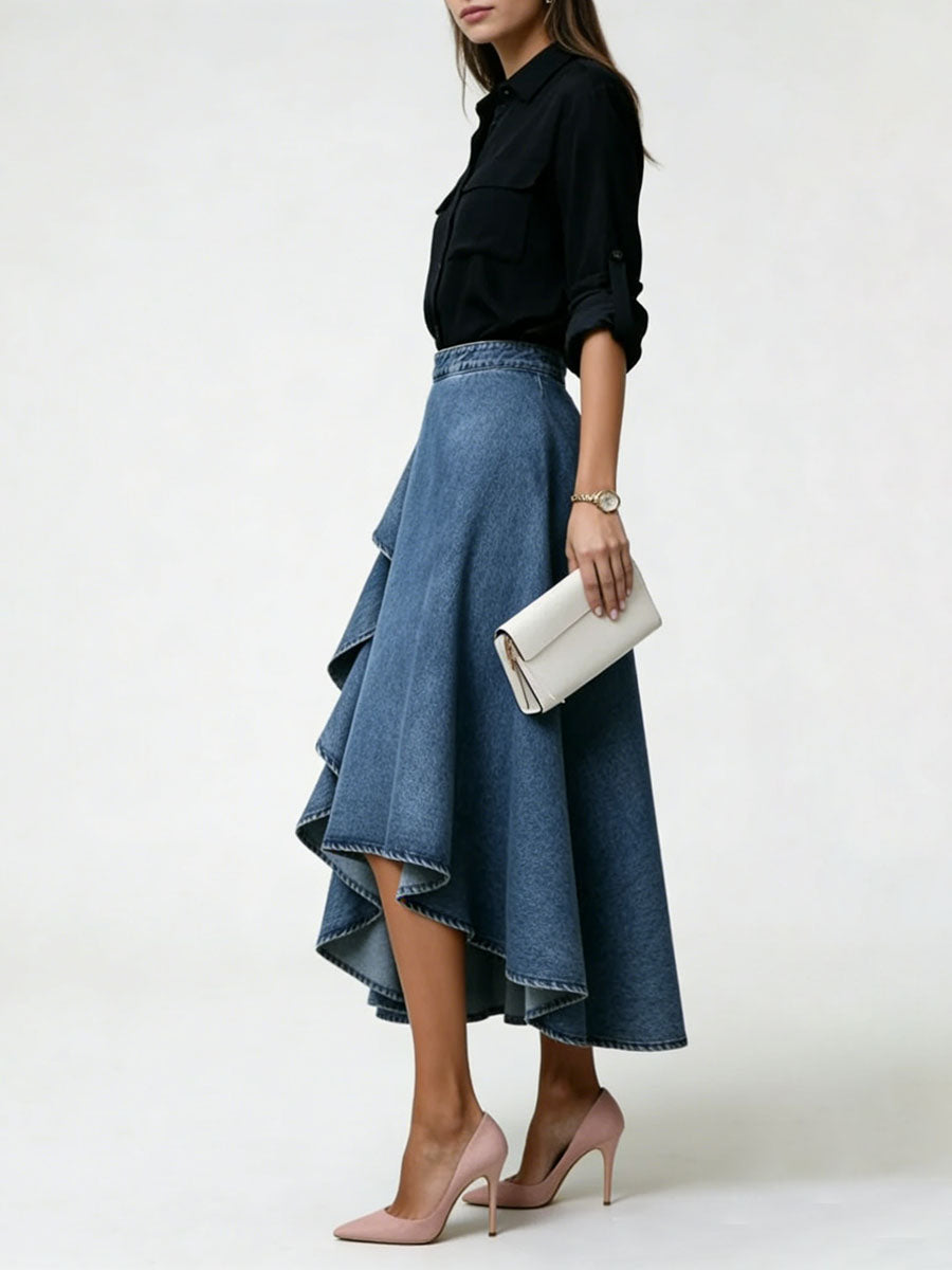 A-Line High Waisted Pleated Ruffled Solid Color Skirts Bottoms
