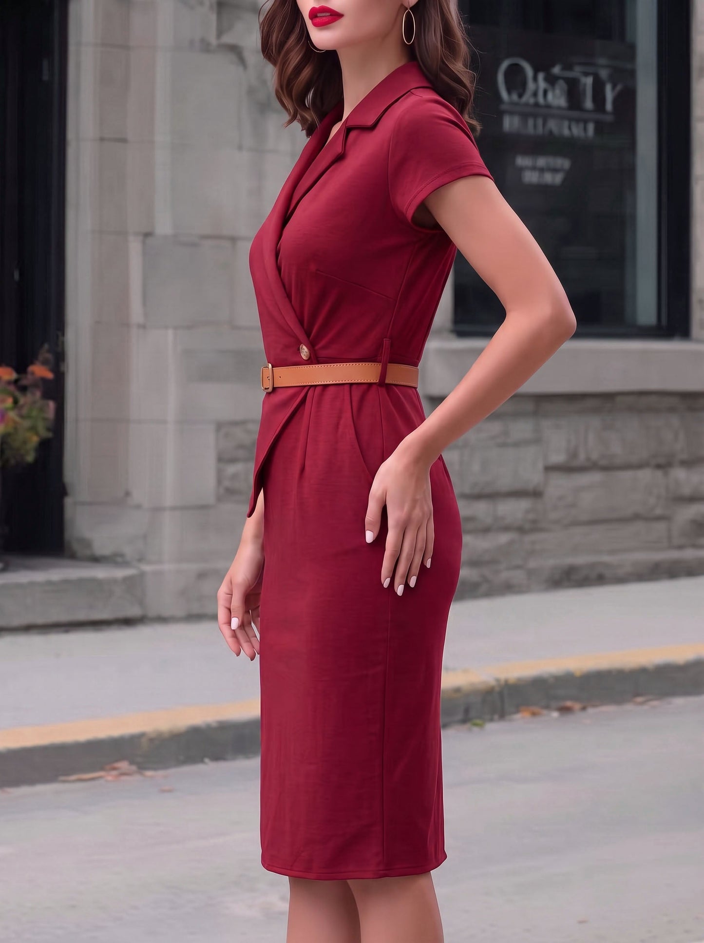 Solid Color Pockets Belted Asymmetric Cap Sleeve Bodycon Notched Collar Midi Dresses