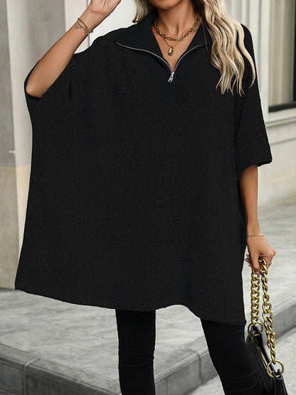 Loose Three-Quarter Sleeves Split-Joint Zipper V-Neck Sweater Tops