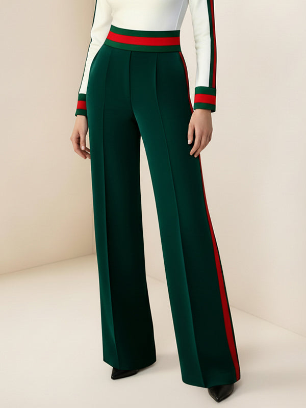Loose Wide Leg Contrast Color Pockets Split-Joint Striped Pants