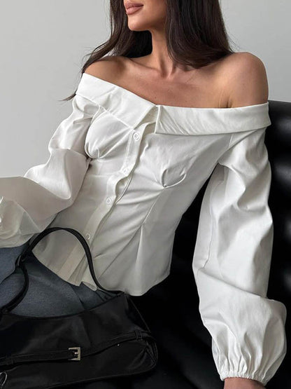 Long Sleeves Loose Buttoned Elasticity Pockets Solid Color Off-The-Shoulder Blouses&Shirts Tops