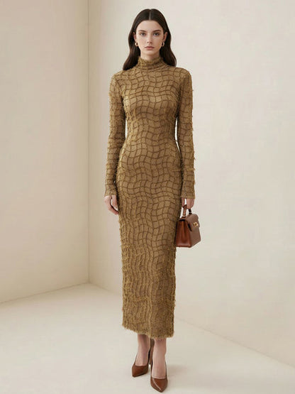 Bodycon Long Sleeves Checkered Solid Color Textured Zipper Half Turtleneck Maxi Dresses