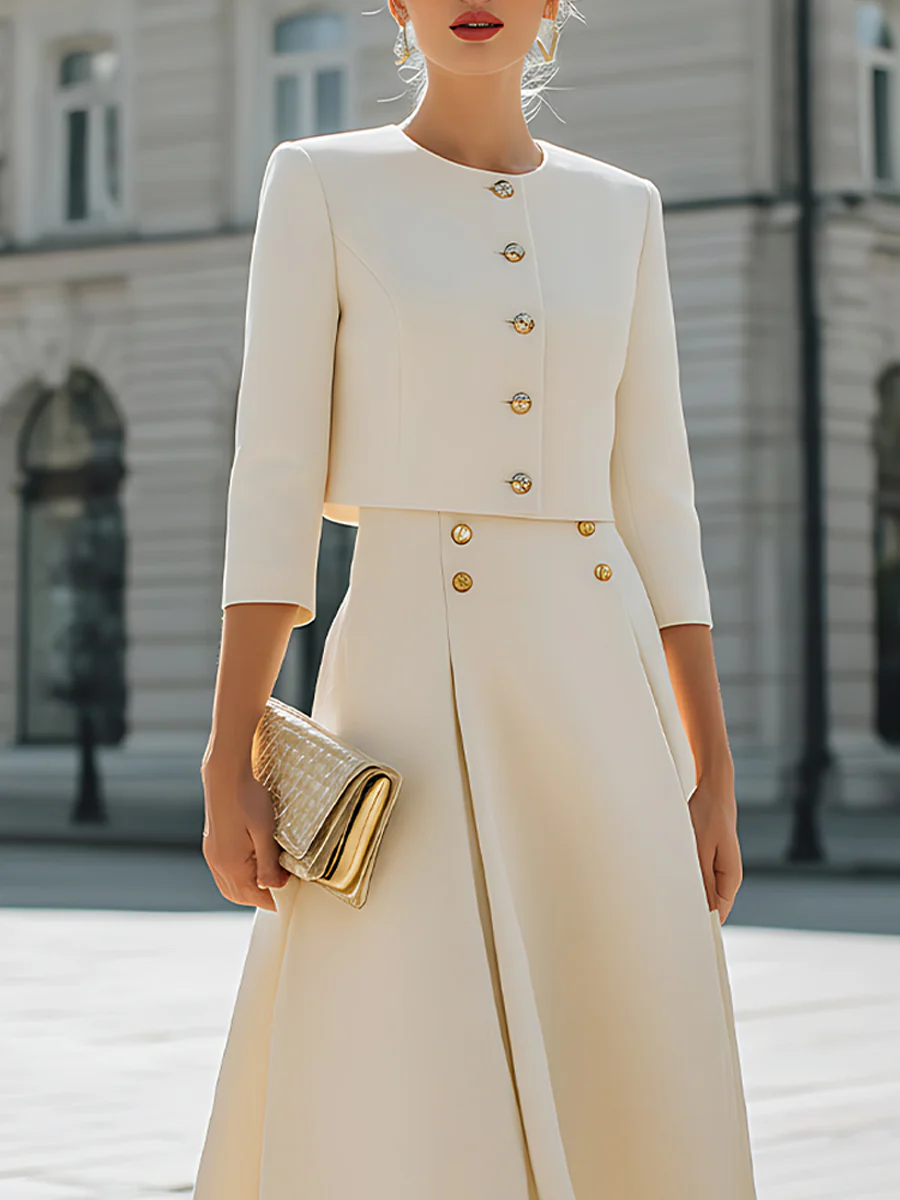 Three-Quarter Sleeves Buttoned Solid Color Round-Neck Outerwear