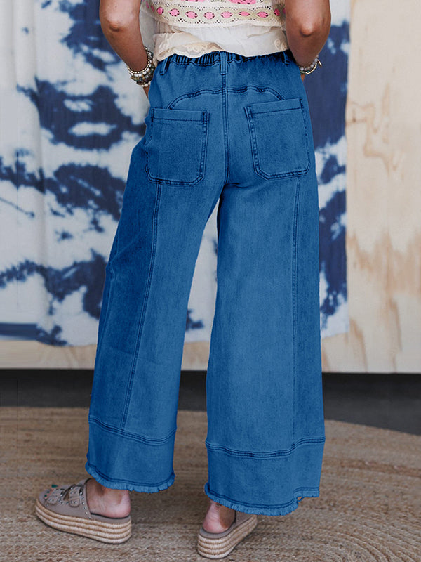 High Waisted Loose Drawstring Fringed Pockets Solid Color Jean Pants Bottoms