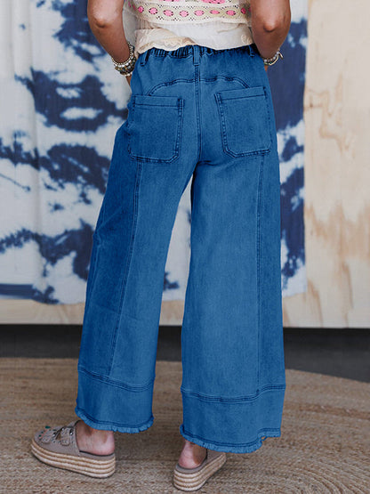 High Waisted Loose Drawstring Fringed Pockets Solid Color Jean Pants Bottoms