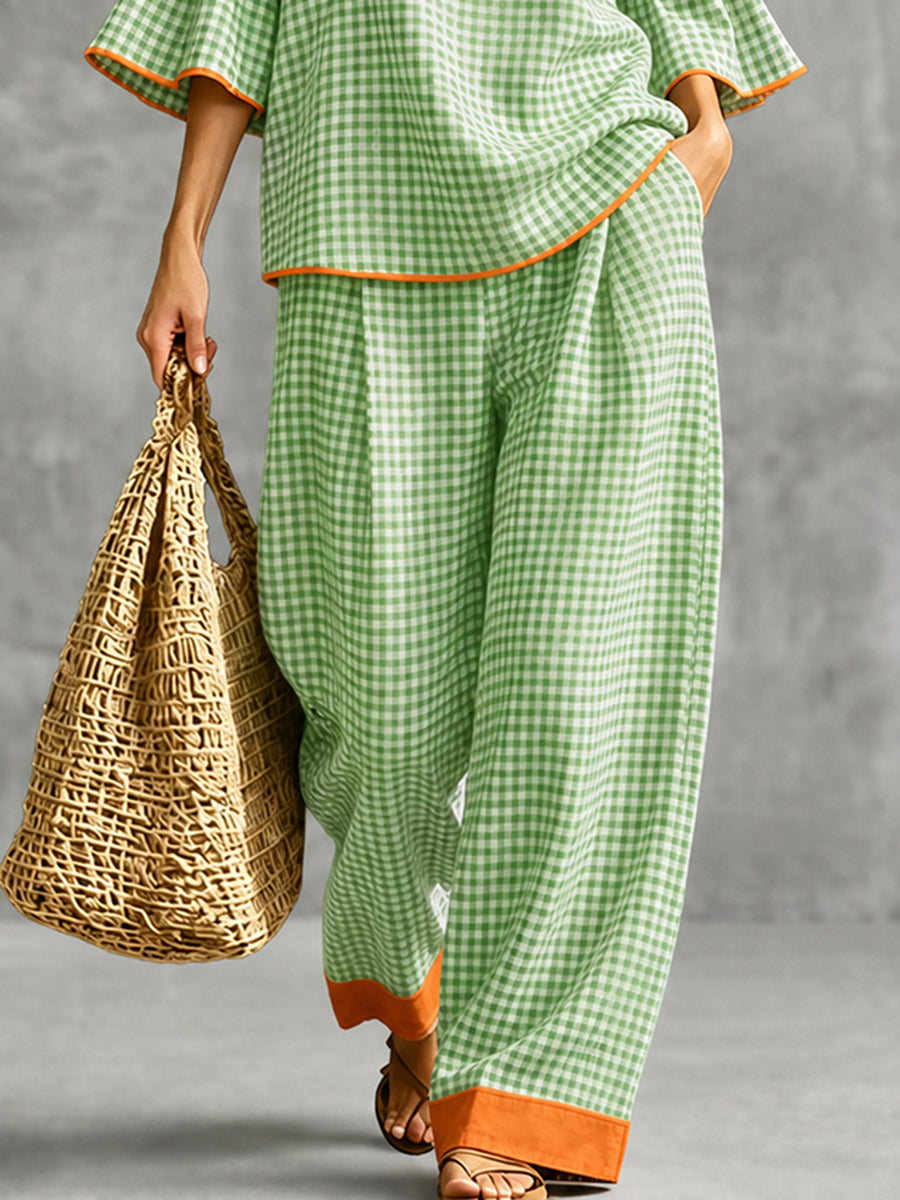 Pockets Plaid Contrast Color Wide Leg High Waisted Trousers Pants