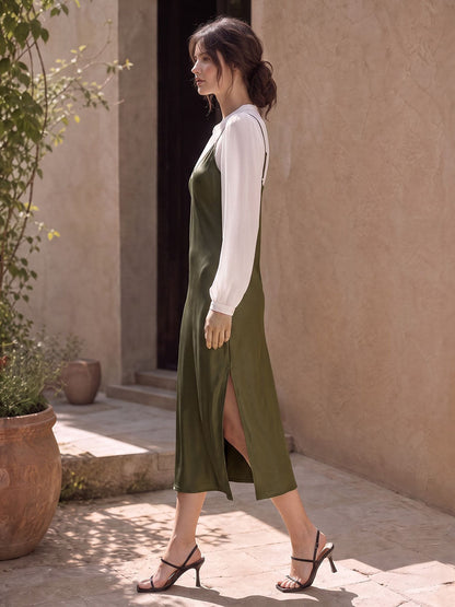 Split-side Solid Color Contrast Color Sleeveless Bodycon V-neck Midi Dresses