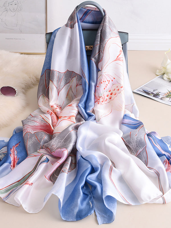Vintage Floral Printed Silk Imitation Shawl Scarf WHITE One_size