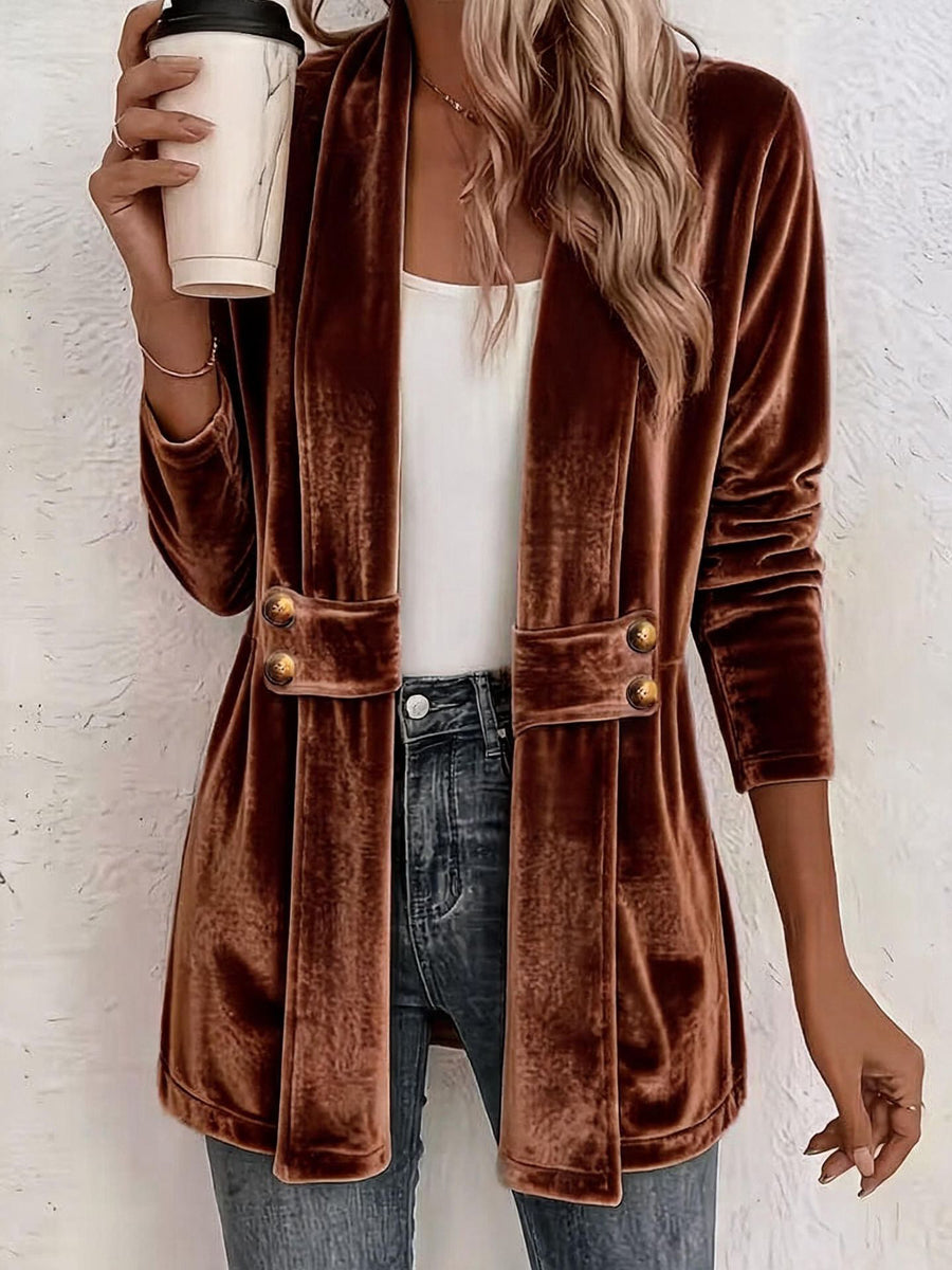 Velvet Solid Color Buttoned Loose Long Sleeves Collarless Outerwear
