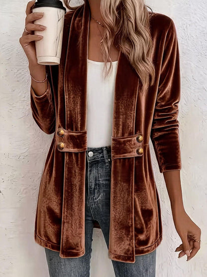 Velvet Solid Color Buttoned Loose Long Sleeves Collarless Outerwear