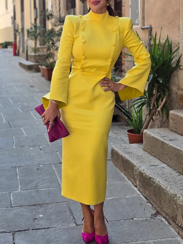 Flared Sleeves High Waisted Buttoned Solid Color Mock Neck Midi Dresses