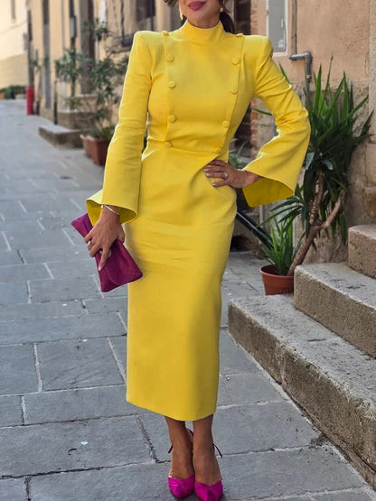 Flared Sleeves High Waisted Buttoned Solid Color Mock Neck Midi Dresses