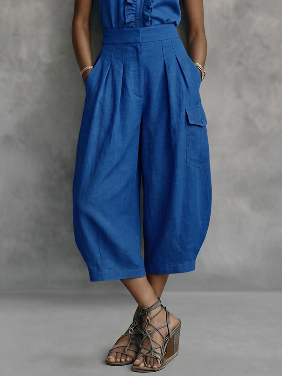 High Waisted Wide Leg Pleated Pockets Solid Color Ninth Pants Trousers