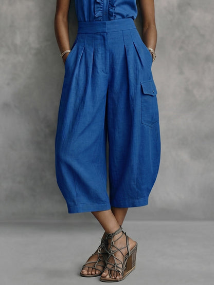 High Waisted Wide Leg Pleated Pockets Solid Color Ninth Pants Trousers