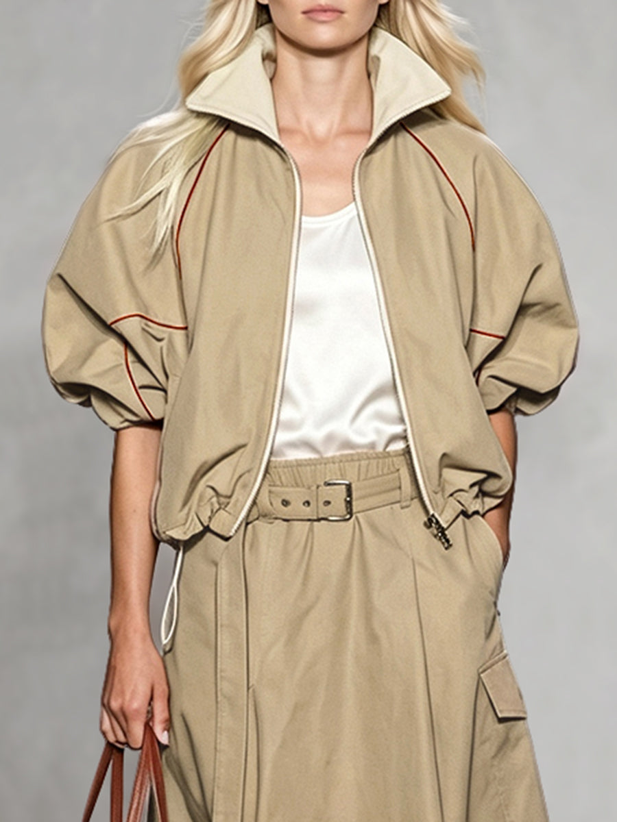 Zipper Drawstring Contrast Color Loose Half Sleeves Lapel Outerwear