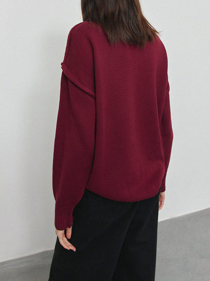Long Sleeves Loose Solid Color Split-Joint High Neck Pullovers Sweater Tops