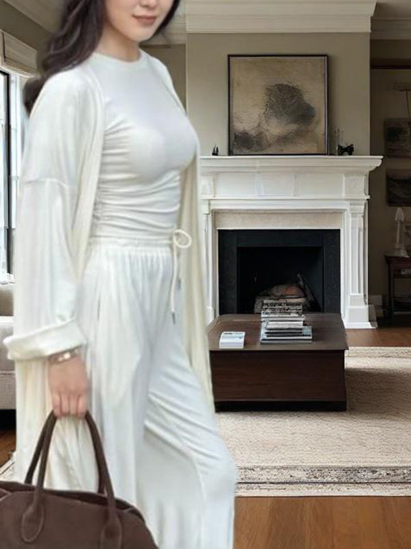 Ensemble trois pièces : cardigan ample à manches longues, t-shirt à col rond et pantalon élastique à cordon de serrage 