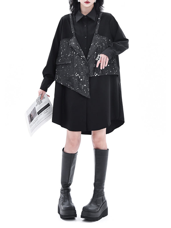 False Two Hipster Asymmetric Split-Joint Textured Lapel Collar Mini Dresses