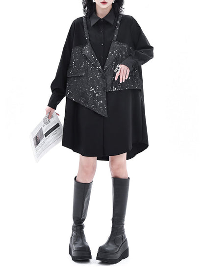 False Two Hipster Asymmetric Split-Joint Textured Lapel Collar Mini Dresses