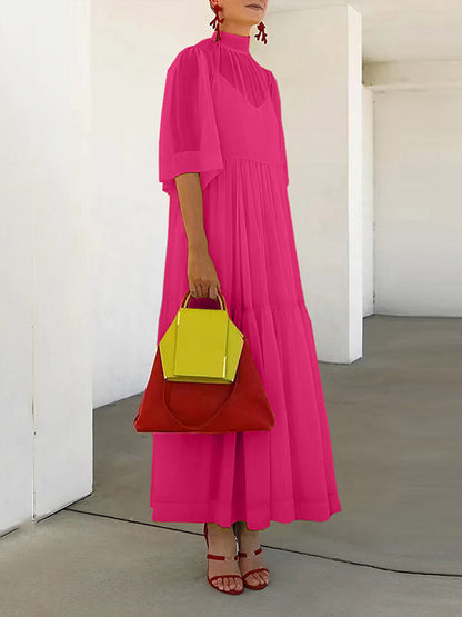 Loose Plus Size Solid Color Split-Joint Inner Dress + Mesh Pleated Mock Neck Outer Dress Two Pieces Set