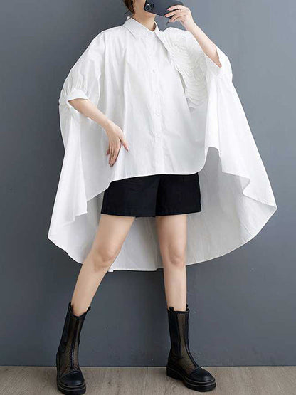 Batwing Sleeves Half Sleeves Asymmetric Buttoned Pleated Solid Color Three-Dimensional Flower Lapel Blouses&Shirts Tops