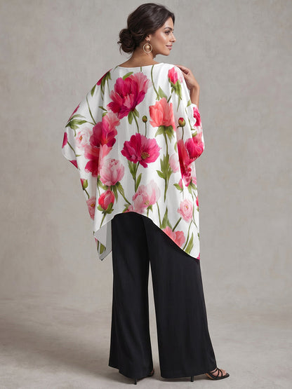Flower Print Asymmetric Three-quarter Sleeves Loose Round-neck Blouses&shirts Tops