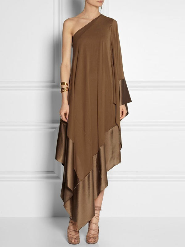 Loose Asymmetric Split-Joint One-Shoulder Maxi Dresses BROWN