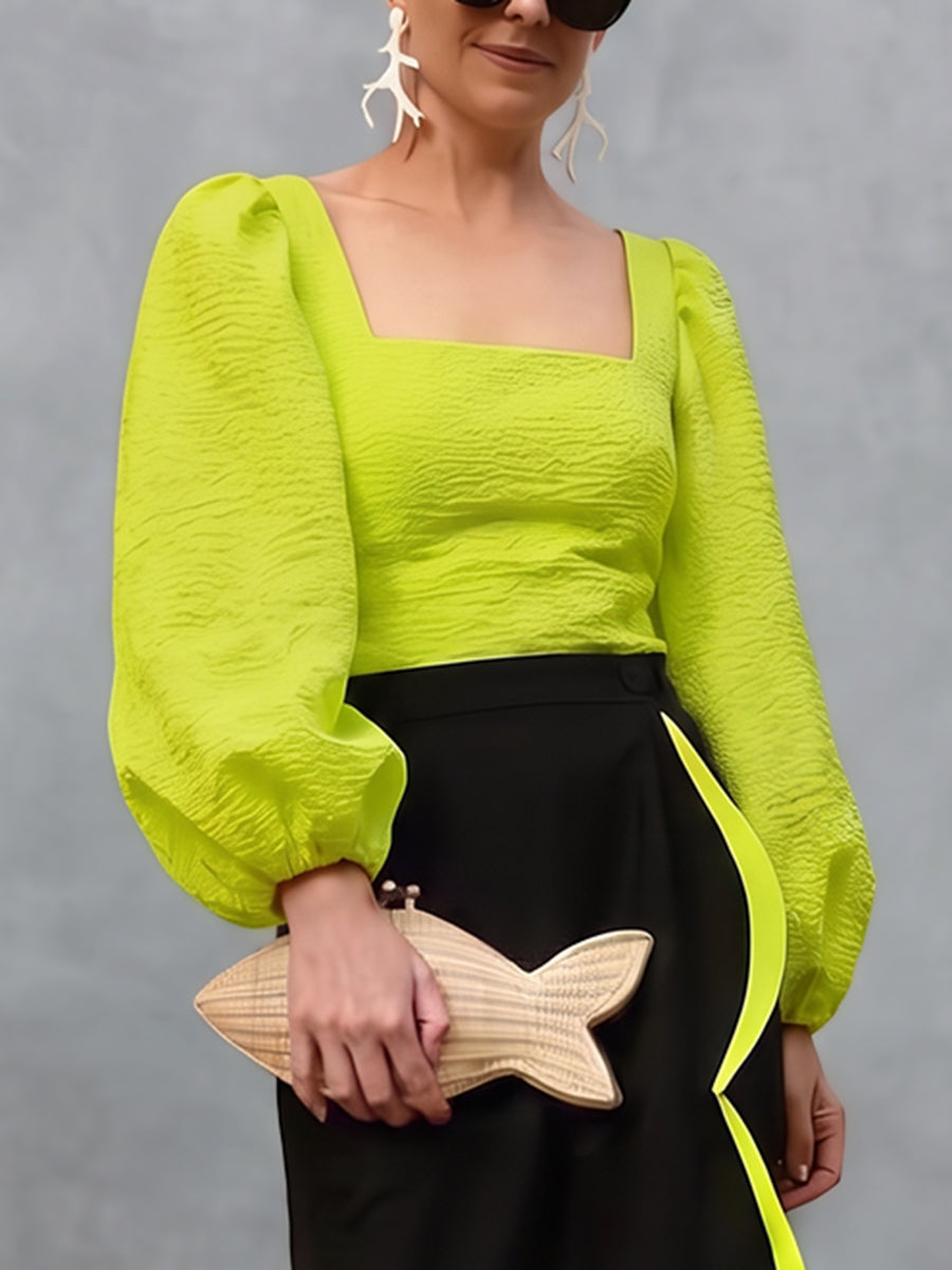 Solid Color Elasticity Puff Sleeves Loose Square-neck Blouses&shirts Tops