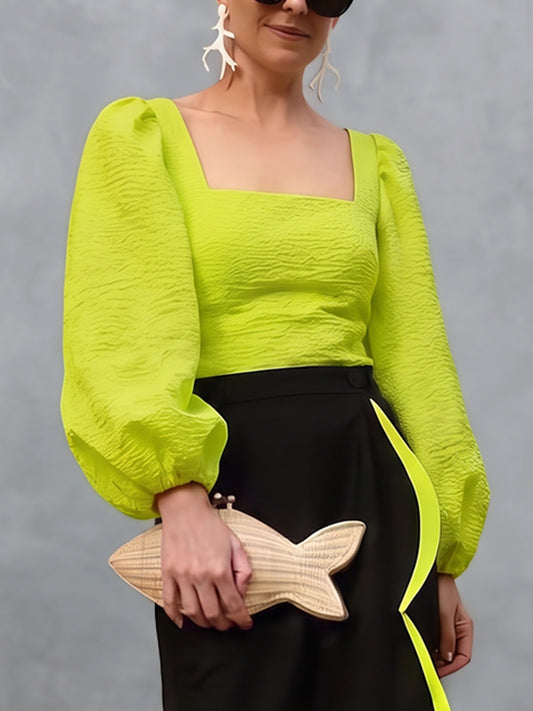 Solid Color Elasticity Puff Sleeves Loose Square-neck Blouses&shirts Tops