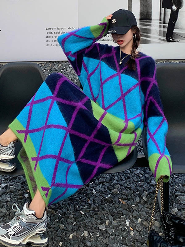 Long Sleeves Loose Contrast Color Plaid Split-Joint Round-Neck Midi Dresses Sweater Dresses