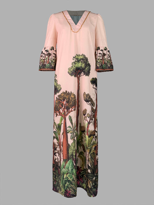 Flared Sleeves Loose Leaves Print V-Neck Maxi Dresses