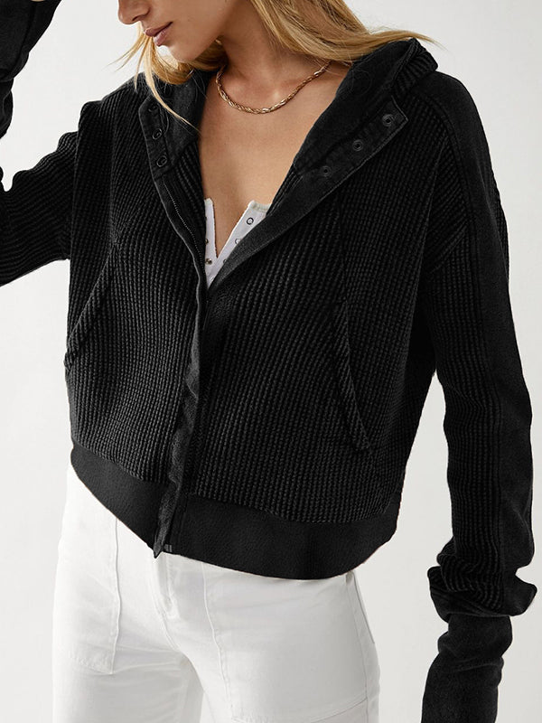 Veste à capuche, manches longues, poches boutonnées, fermeture éclair fendue, vêtements d'extérieur à capuche 